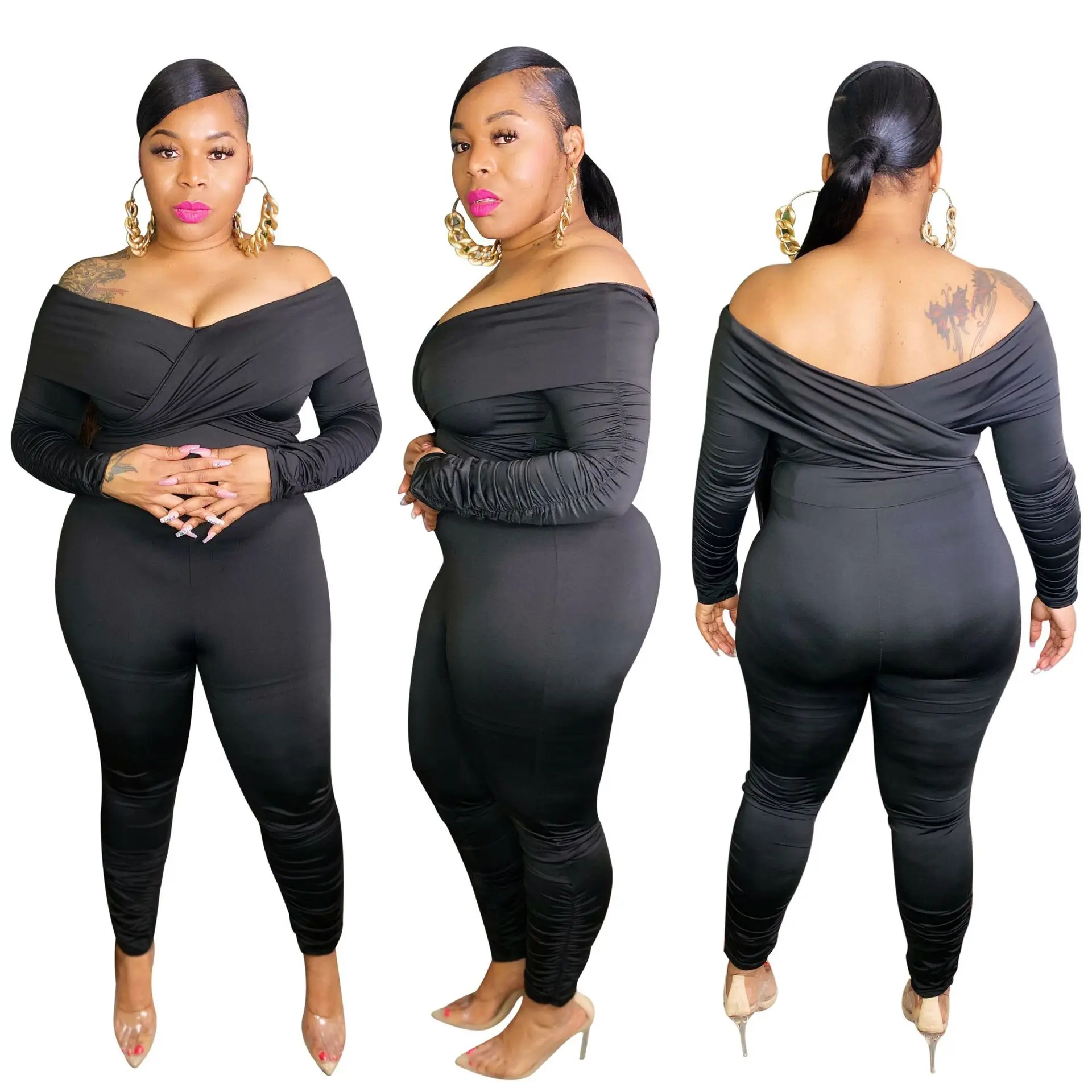 

Streetwear Sexy Bodycon Jumpsuit Women Ruched Sleeve Pants Overalls 2020 Africa Clothes Body Femm Skinny Rompers Womens Jumpsuit