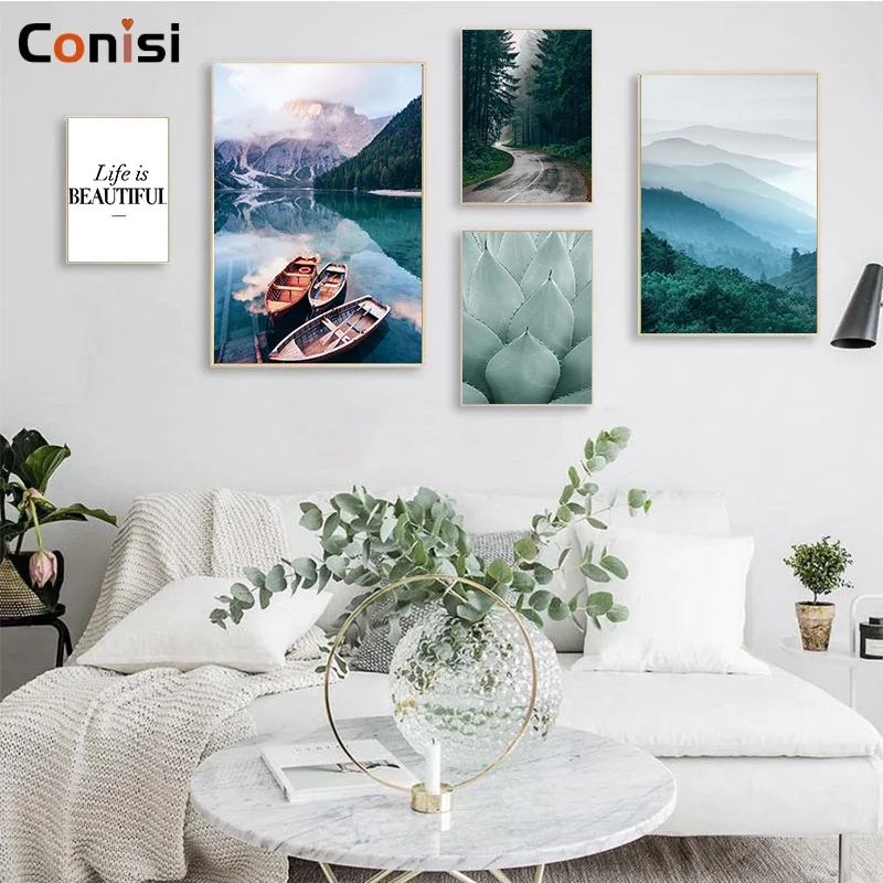 

Conisi Nordic Lake Boat Forest Poster Scandinavian Nature Landscape Wall Art Canvas Painting Home Decor for Bedroom Decoration