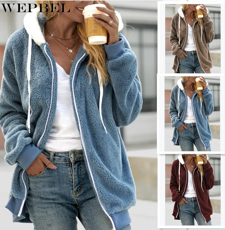 

WEPBEL Plush Coat Women's Casual Loose Zip Solid Color Coat Autumn Winter Fashion Long Sleeve Zipper Hooded Jacket
