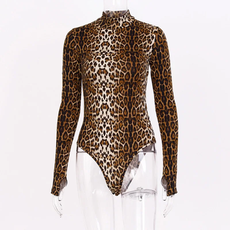

Leopard Print Bodysuit For Women 2020 Spring Clothing Sexy Bodycon Body Suit Turtleneck Long Sleeve Rompers Turtleneck Playsuit