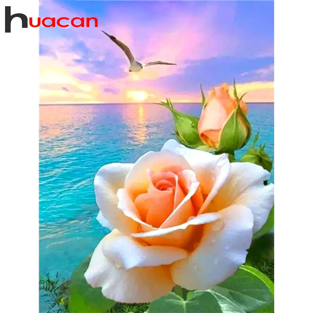 

Алмазная 5D мозаика Huacan, картина «сделай сам» с полными квадратными/круглыми стразами, с изображением роз, морского берега, цветов, чайки, утр...
