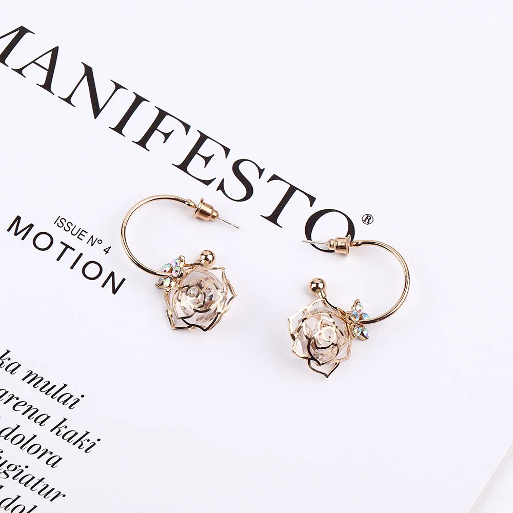 Shiny Fashion Earring Jewelry Rhinestone Rose Drop Earrings For Women Korea Hollow Crystal Flower 1 Pai | Украшения и аксессуары