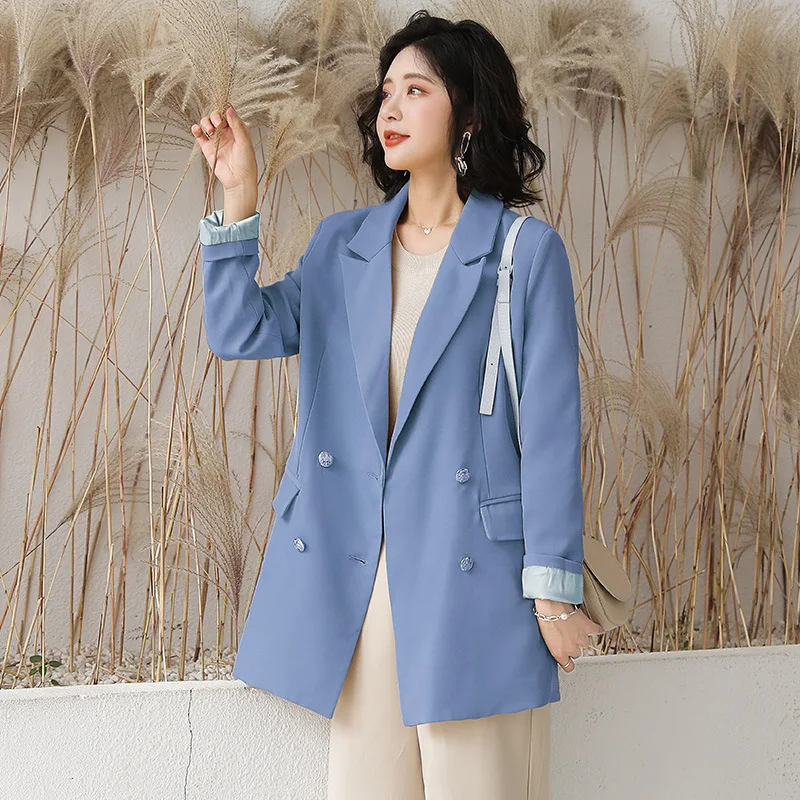 

new woman Solid color Double-breasted Suit Blazer jacket women Korean fashion Loose Full sleeve suits jacket female casual Coat