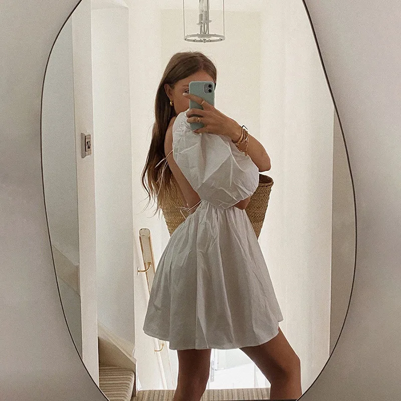 

LIYONG Solid White Backless Mini Dress Women Puff Sleeves Square Collar Sexy Dresses Summer Loose High Waist Casual Dresses