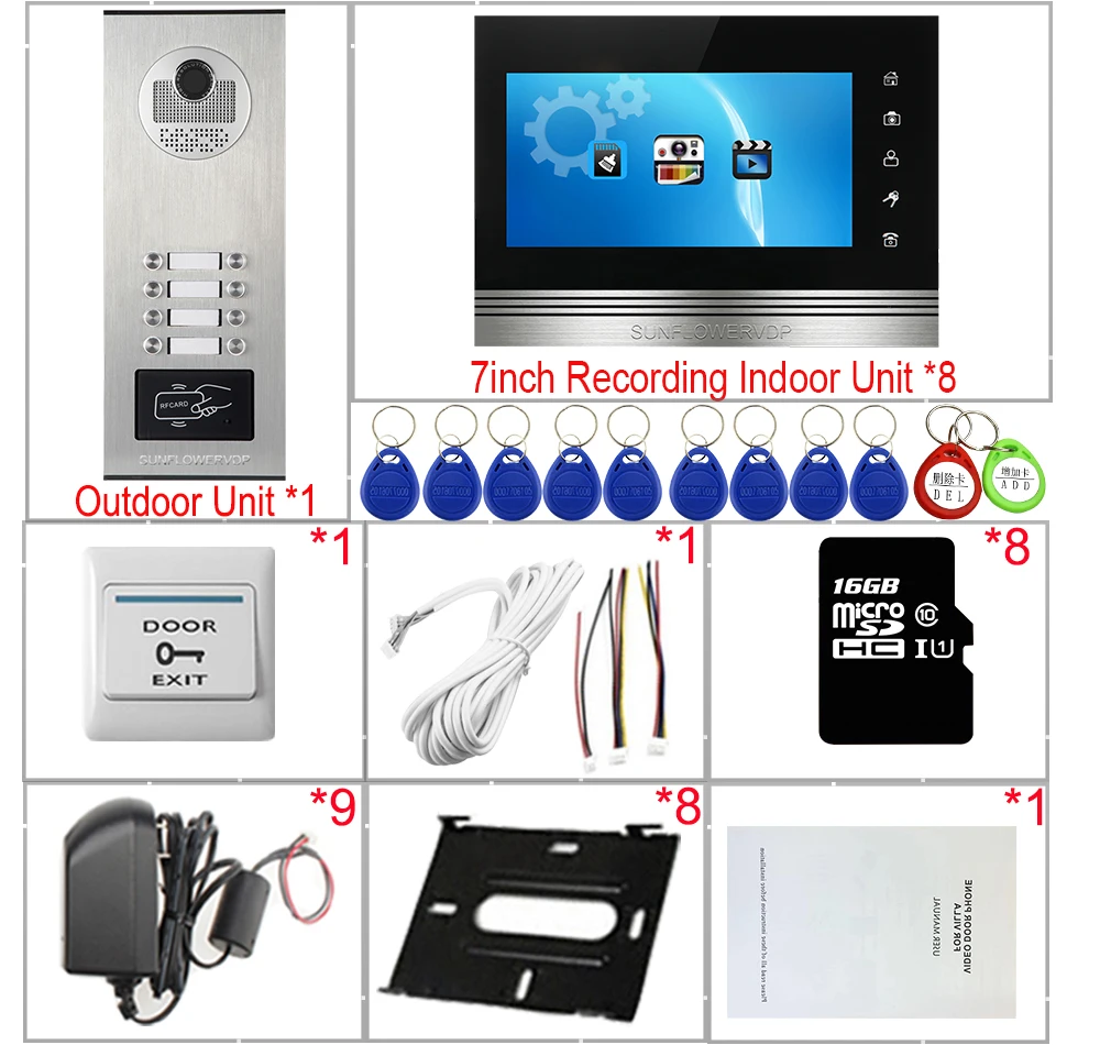 Video Door bell With Monitors 7inch Color Video Intercom With Recording +16 GB TF Card Access Control Intercom To The Apartments