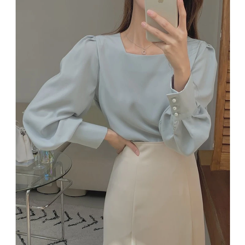 

Temperament Korean Chic Slim Autumn Elegant Retro Blusas Square Blue Blouse Women Tops Puff Long Sleeve Shirts Fresh Wild