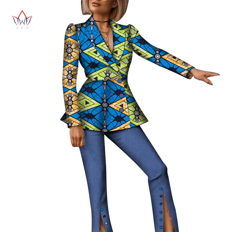 Bintarealwax Two Piece Pants Set Dashiki Women Crop Ruffles Jacket and Denim Pant Brand African Print Pants Plus Size 7XL WY6560