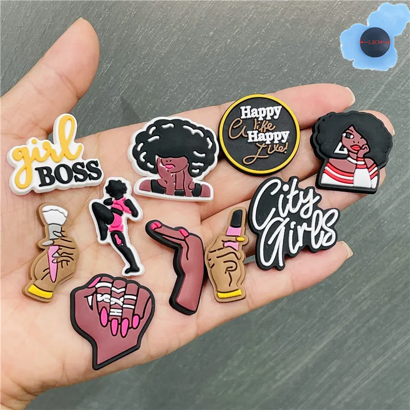 

Wholesale 50pcs Pretty Black Girls Series Shoes Accessories Garden Shoe Decorations Fit Kids Croc Jibz Charm Bracelet