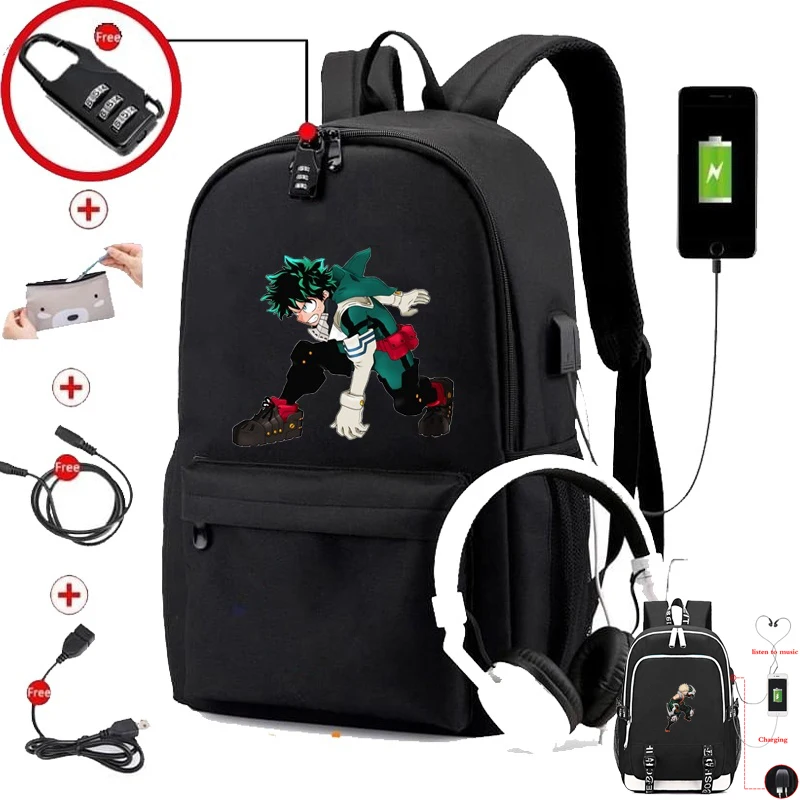 

IMIDO Anime Backpack for School Boys Ubs Charging Waterproof Laptop Travel Shoulders Backpacks Girls Black Personality Book Bags