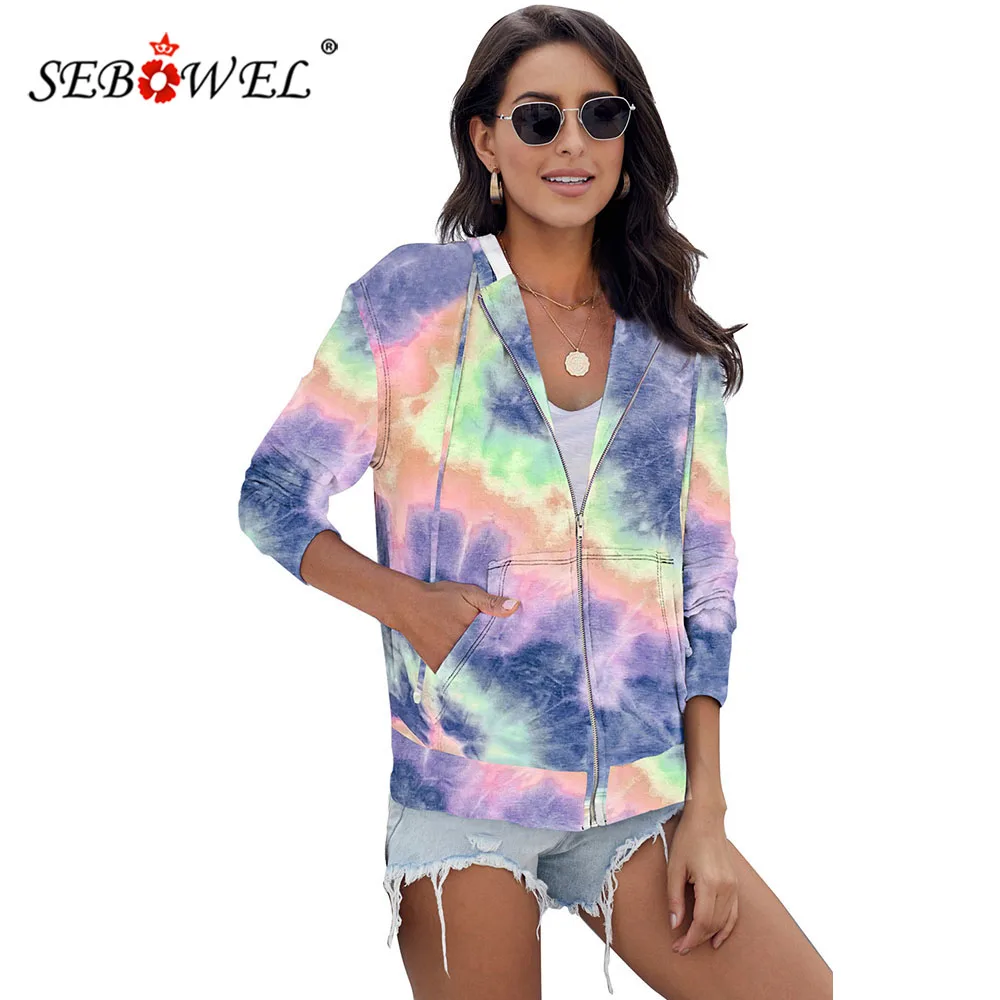 

SEBOWEL Fashion Neon Tie Dye Print Cardigan Jackets Coats for Women Autumn Spring Lady Pocket Zip Up Hooded Outerwear S-XXL