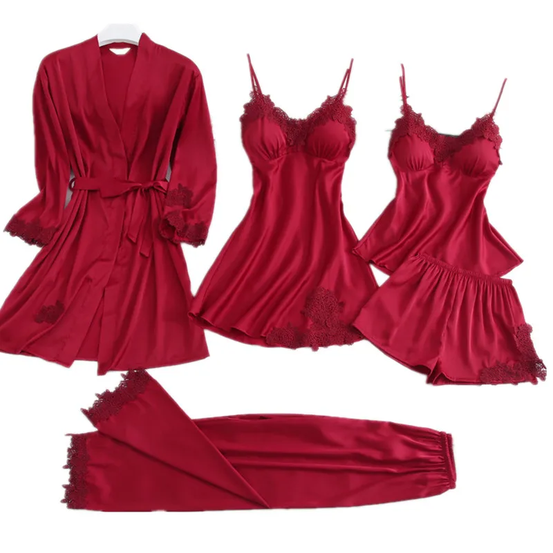 

Sexy Goddess Pajamas Set 5 Piece women's pyjamas Faux Silk Sleepwear With Chest Pads Femme Lingerie Lace Homewear Nighty pijama