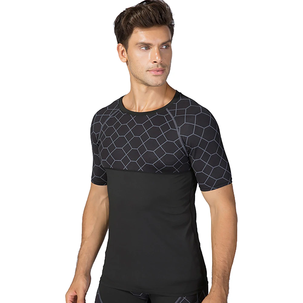 Men Compression T-shirt  Dry Fit T Shirt Print Patchwork Gym Clothing Fitness Exercise Running Training Sports Solid Shirt MMA