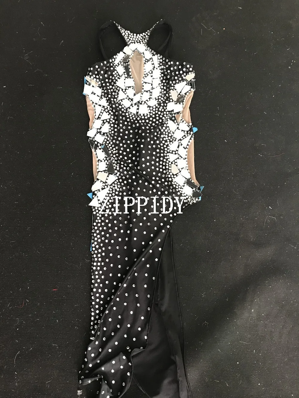 Flashing Silver Mirrors Rhinestones Dress Birthday Celebrate Black Shining Stage Latin DRESS Evening Bar Singer Dancer Show Outfit