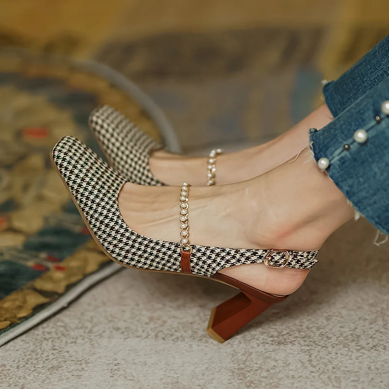 

Туфли-лодочки женские с квадратным носком, высокий квадратный каблук, натуральный жемчуг, квадратный каблук, элегантная обувь с пряжкой и р...