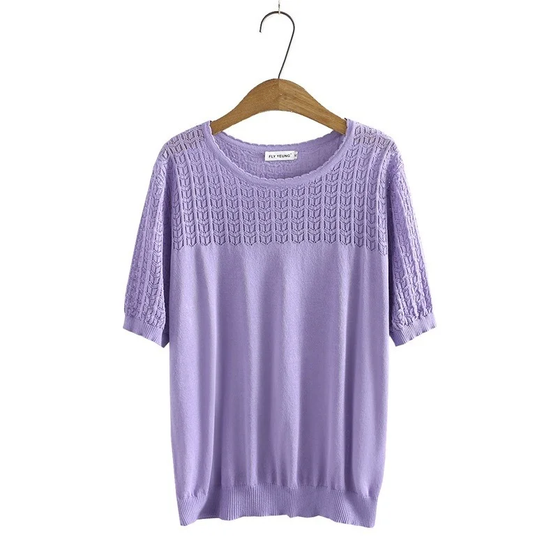 

Plus Size XL-3XL Women's Purple Black Knitted Tshirts Casual Short Sleeve Slim Slim Tops Large Size Shirts