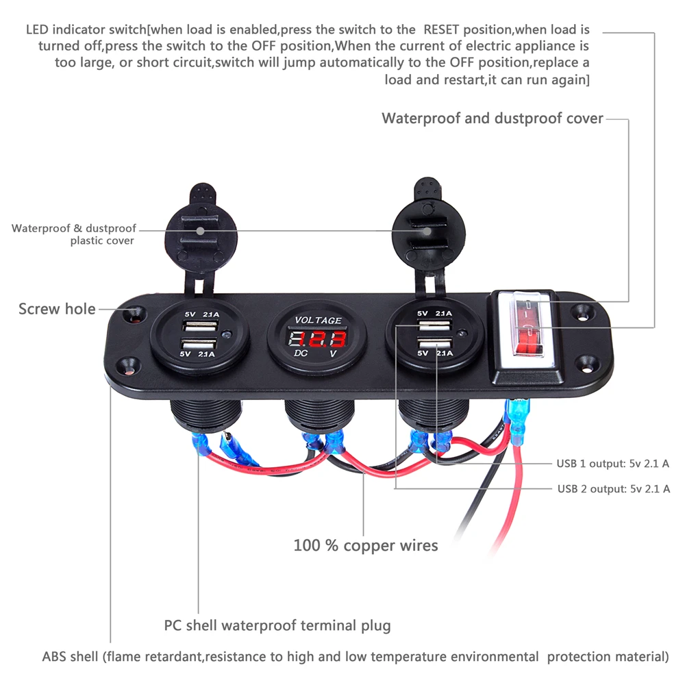 car charger 4pcs usb port socket 5v 2 1a led voltmeter on off toggle switch 4 in 1 for car boat marine truck camper vehicles free global shipping