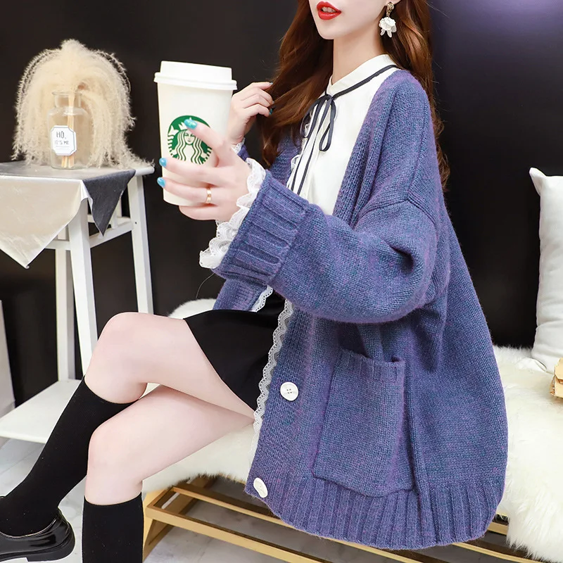 

Women Pullover Cute Strawberry Pattern V Neck Women Cardigan Loose Casual Knitted Warm Sweater Outwear Girls Streetwear Fall Top