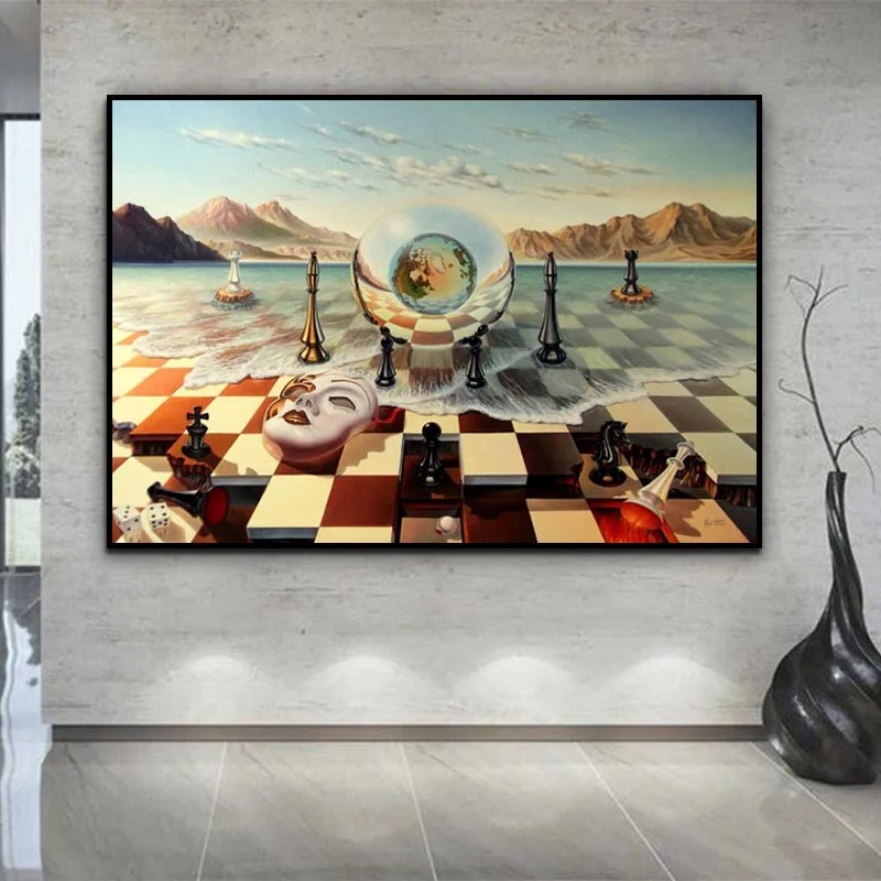 

Salvador Dali Decorative Painting Surrealism Chess Mask on Sea Poster Abstract Canvas Print Wall Art Picture for Room Home Decor