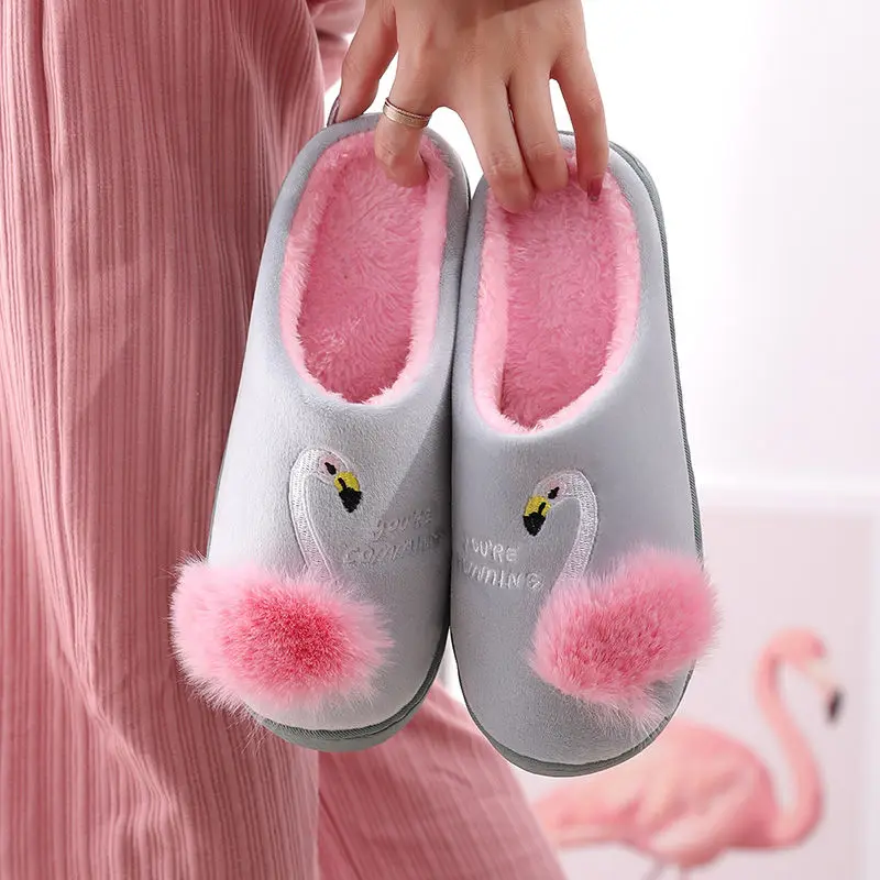 Winter Slippers Women Cute Animal Flamingo Slippers Non-slip Soft Fur Plush Warm Indoor Bedroom Home Shoes ladies furry slides images - 6
