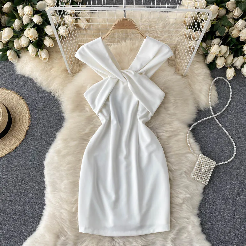 

Chic Designer Criss-cross Knot Women Chiffon Short Dress Tank Dress High Fashion Ladies Dating Dress