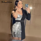 Kricesseen пикантное лоскутное мини-платье с блестками осенние женские платья на одно плечо с блестками для дня рождения Клубная одежда облегающая