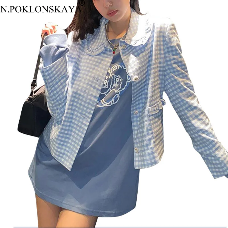 

New Plaid Vintage Autumn Jackets Women Long Sleeve Turn Down Collar Sweet Short Coat Single-breasted Suit Ladies Outwear 2020