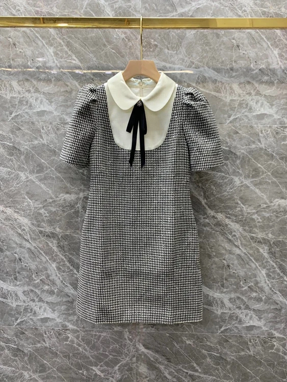 

Новинка 2021, женское модное платье с воротником с лацканами и юбкой из твида с короткими рукавами, 092