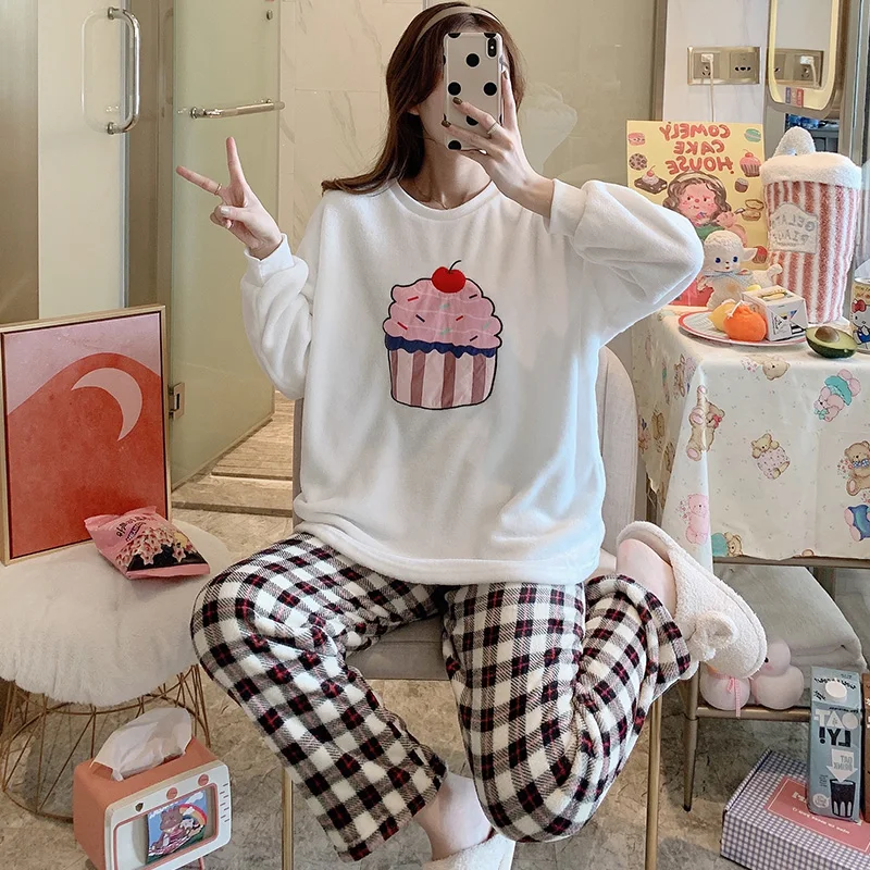

Autumn and Winter Pajamas Women's Thick Flannel Plaid Pants Cake Thermal Coral Fleece Korean Style Homewear Suit for Outerwear