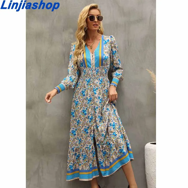 

Fashion Floral Print Dress Women High Waist Sashes A Line Summer Dress Long Sleeve Casual Beach Bohemian Midi Dresses Vestidos