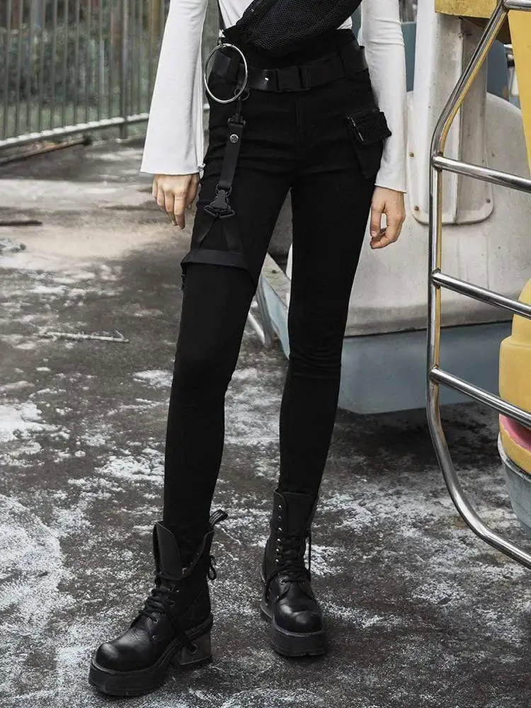 Панк рейв женские готические с высокой талией ремни узкие джинсы PK-321 | Женская