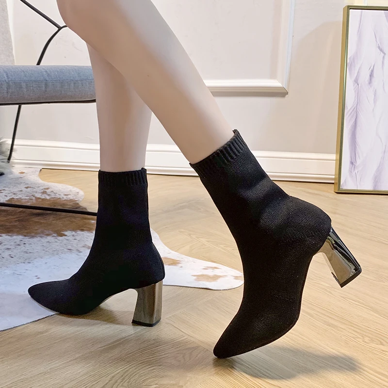 Обувь Bootee/ г. Женские ботинки на высоком каблуке ботинки на шнуровке женские ботильоны с острым каблуком на не сужающемся книзу массивном каблуке Осенние Прорезиненные чулки на шнуровке