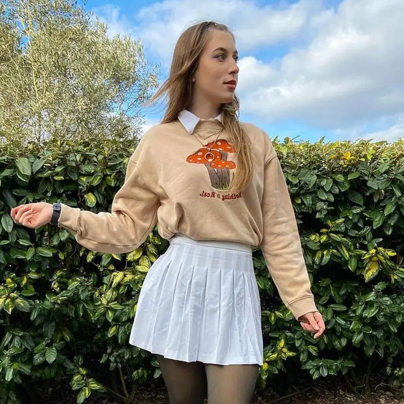 

MoneRffi Y2K Streetwear Cute Oversized Mushroom Embroidery Long Sweatshirt Goblincore Aesthetics Crew-neck Long Sleeve Khaki Top