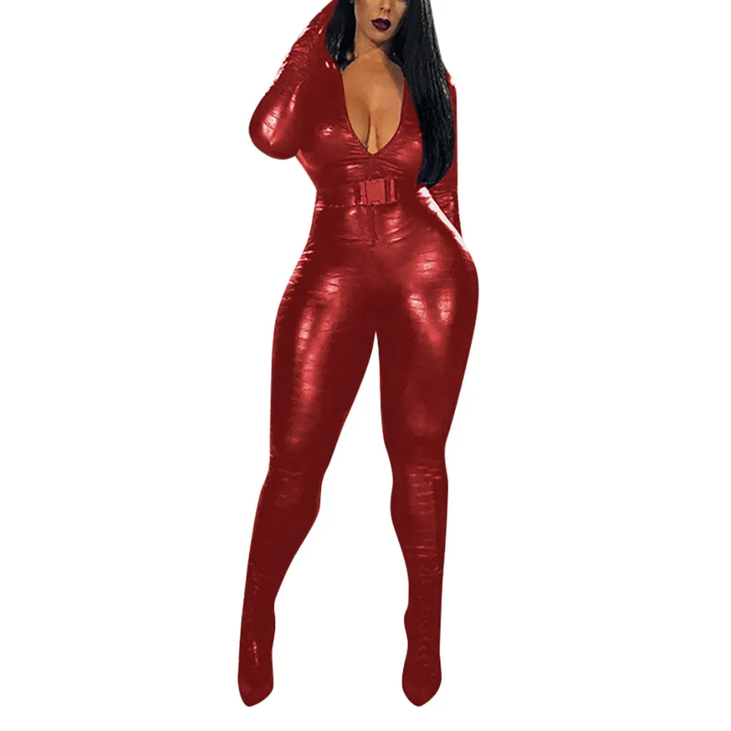 Женский комбинезон модный тонкий однотонный с принтом лакированная кожа