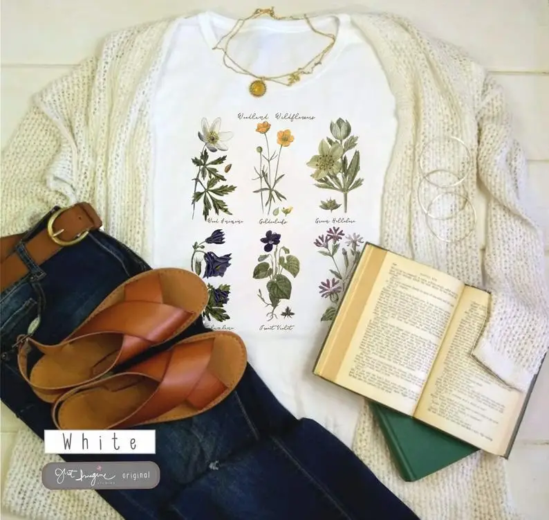 Лесные полевые цветы растительная футболка с графическим принтом Женская Милая