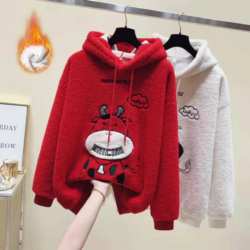 

Lambswool Hooded Hoodies Women 2021 Autumn Winter Thickened Warm Cartoon Cow Sweatshirt Long Sleeve Top Female