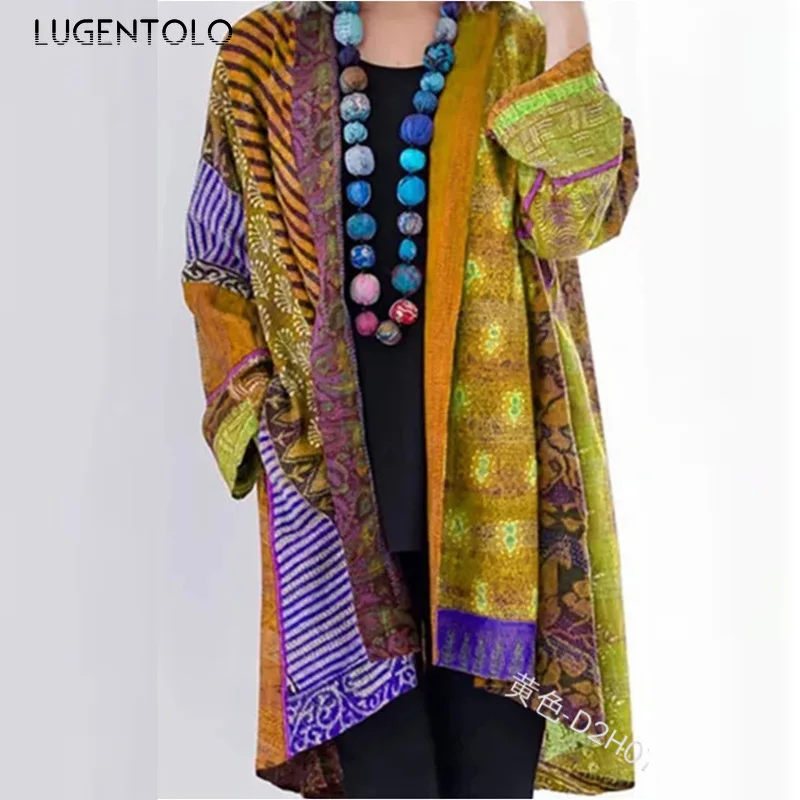 

Lugentolo Women Sweater Spring Autumn Casual Printed Cardigan Sweater Long Sleeve Pocket Loose Female Sweaters 5XL