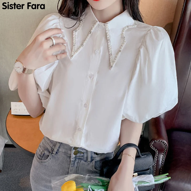 

Sister Fara New Cotton Diamonds Women's Shirt Single-breasted Puff Sleeve Solid Blouse Summer Fashion Loose Women Casual Blouses