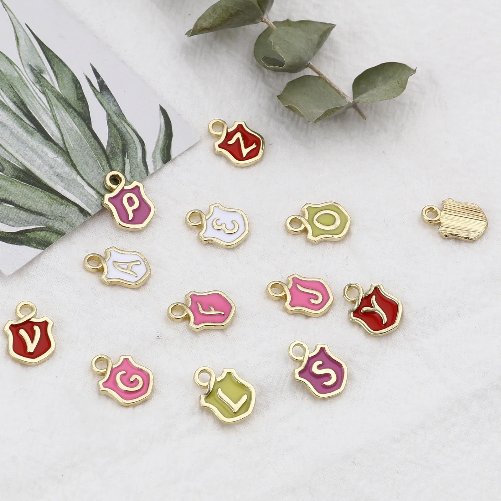 

10 PCs Letter Shield Charms Pendant Gold Plated White Enamel Initial Alphabet Capital Letter Message " A-Z " For Jewelry Making