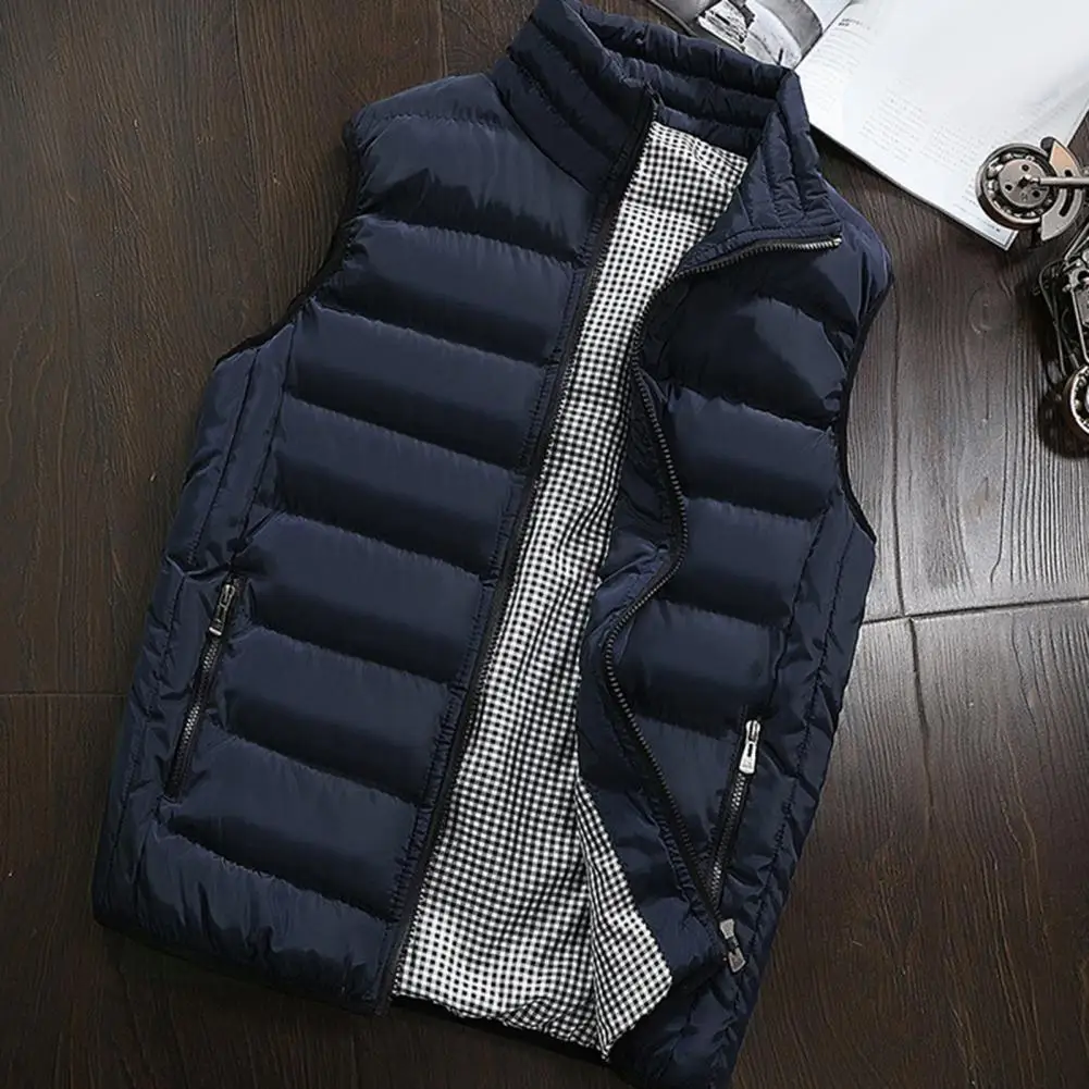 

Casual Vest Men Winter Plaid Stand Collar Cotton Vest Plus Size Zipper Pockets Warm Waistcoat Male Vest Fashion