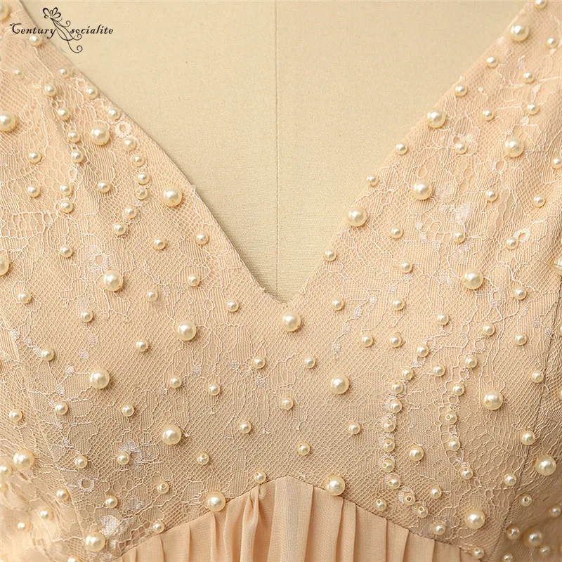 

Champagne Evening Dresses Long Sleeves Lace V-Neck Zipper Pearls Chiffon Party Dress Prom Formal Gowns Vestido De Festa