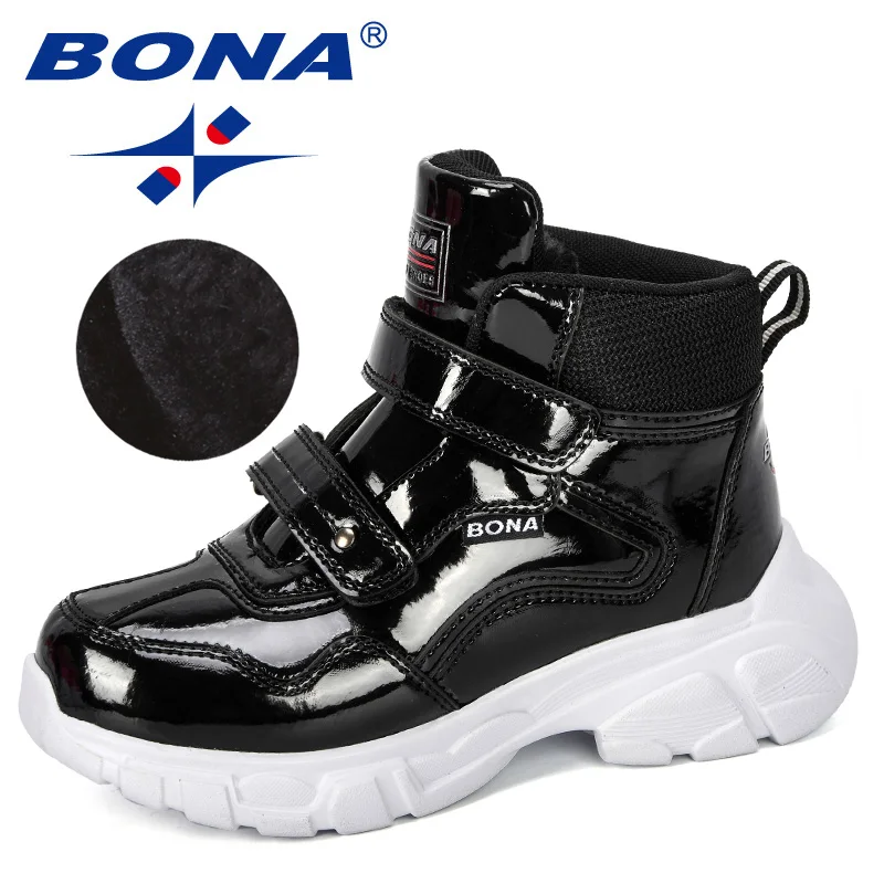 Black BONA/Новинка года; дизайнерская обувь на платформе; детские полуботинки; сапоги из лакированной кожи, увеличивающие рост; детская обувь на толстой подошве; на застежке-липучке - Цвет: Black