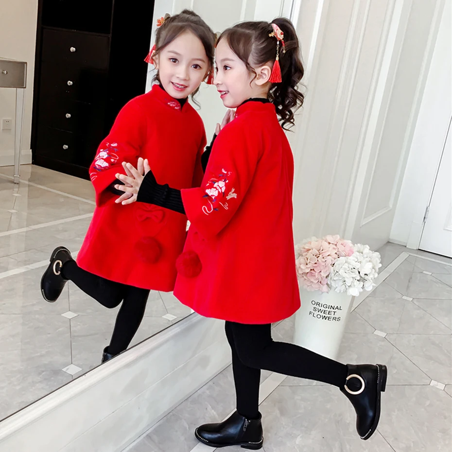 Пальто для девочек красное шерстяное пальто детская верхняя одежда с цветочной