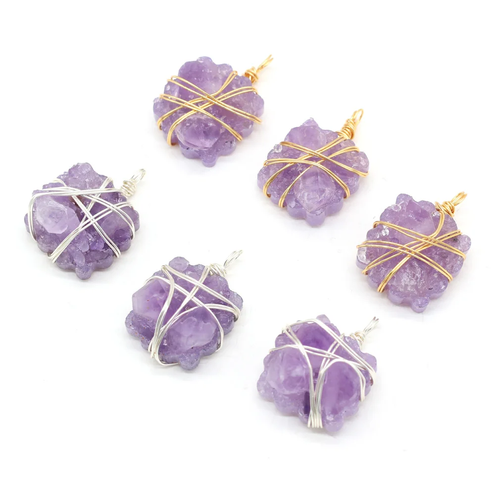 

Natural Semi-precious Stone Amethyst Wound Silver Wire Irregular Square Pendant for Jewelry Making DIY Necklace Accessories 1PC
