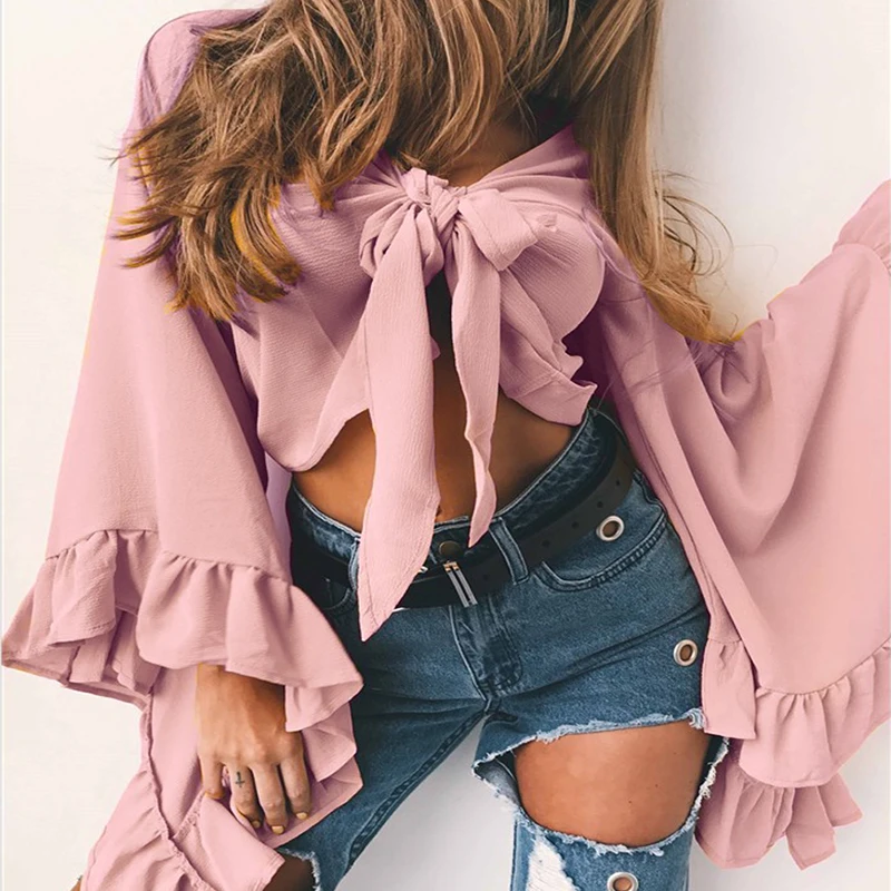 Женская блузка топы летние повседневные свободные рукав-лепесток Твердые