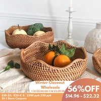 handwoven round rattan basket picnic food storage wicker basket fruit bread food storage sundries organizer kitchen accessories