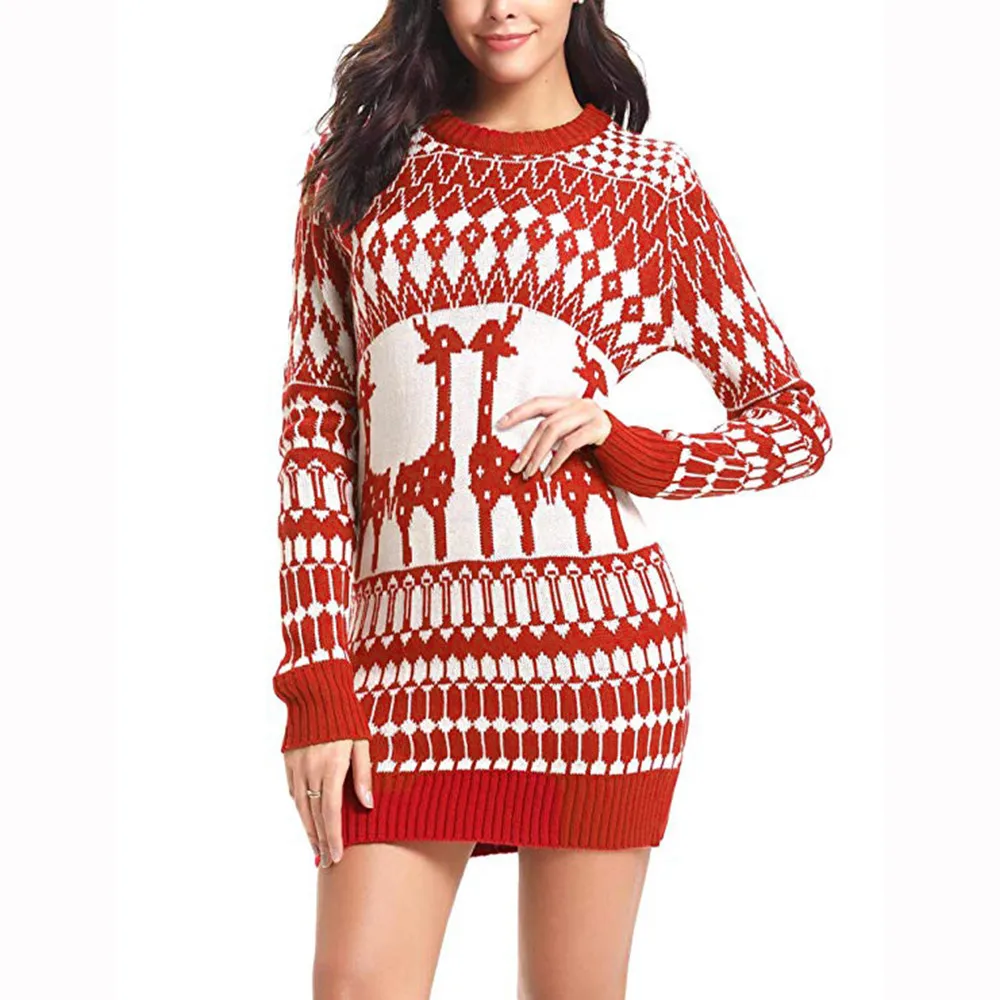 Winter Christmas Sweater Women Long Knitted Pullovers Sweaters Dress Female O-Neck Sleeve Jumper | Женская одежда