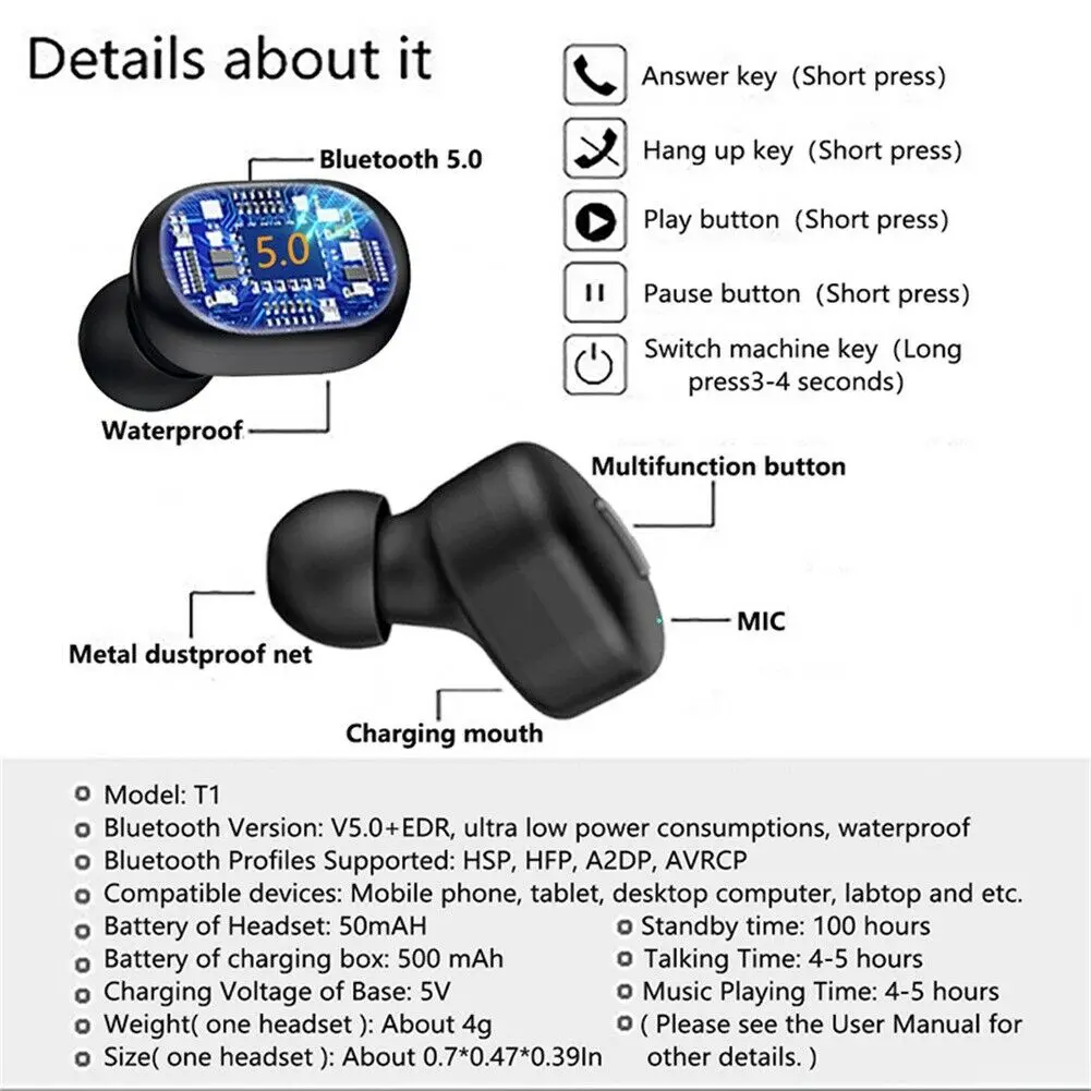 Портативные Bluetooth 5 0 TWS мини стерео наушники беспроводные наушники-вкладыши