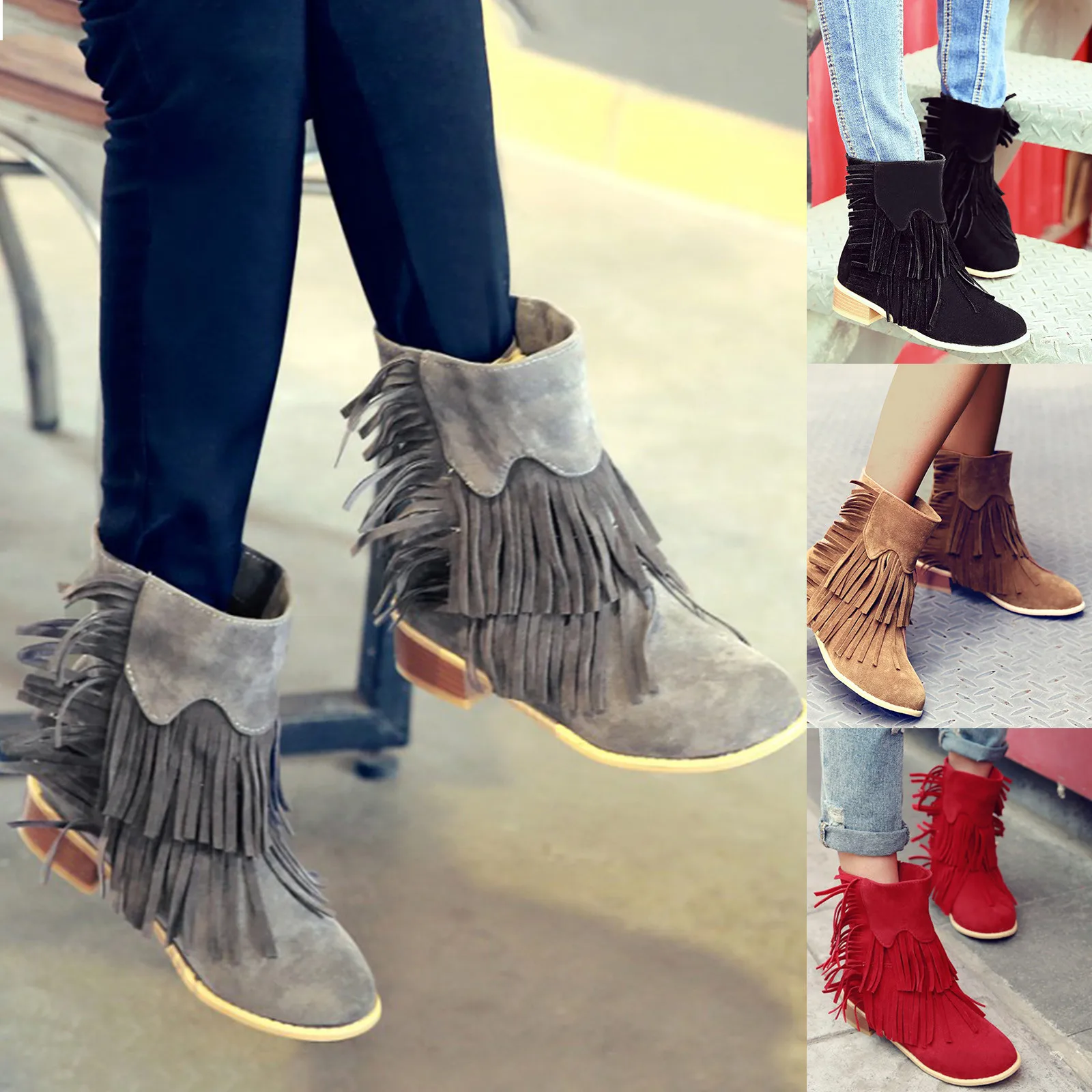 

Женские замшевые ботинки в стиле ретро с бахромой, однотонные короткие ботинки на плоской подошве и молнии, удобная обувь до щиколотки с кру...