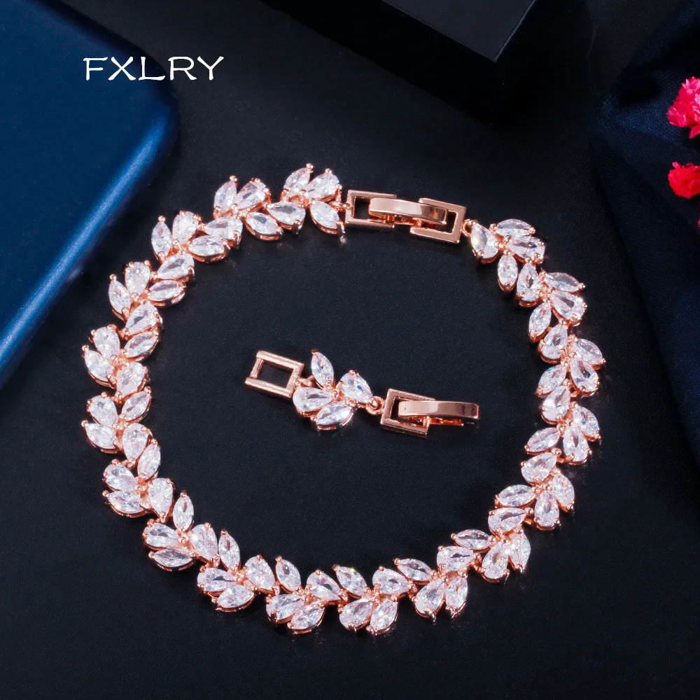 

FXLRY High Quality Leaf-Shape Bracelet for Women Girls Wedding Banquet White /Rose gold Cubic Zircon Fashion Jewelry