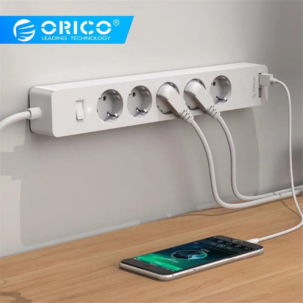 ORICO USB Smart Мощность розеток 4000 w с клеем доска разъем 2 AC 5AC точек 2 Зарядка через usb Порты для офис plug